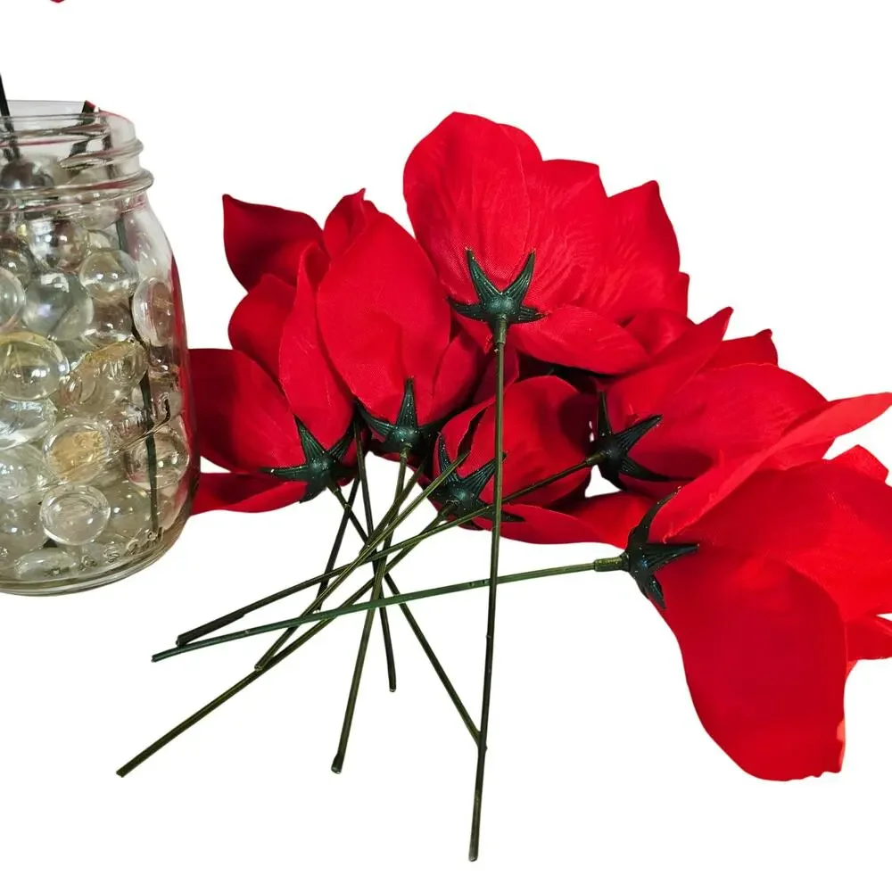 Red Artificial Silk Rose Flowers Wired Stems Wedding Craft 3